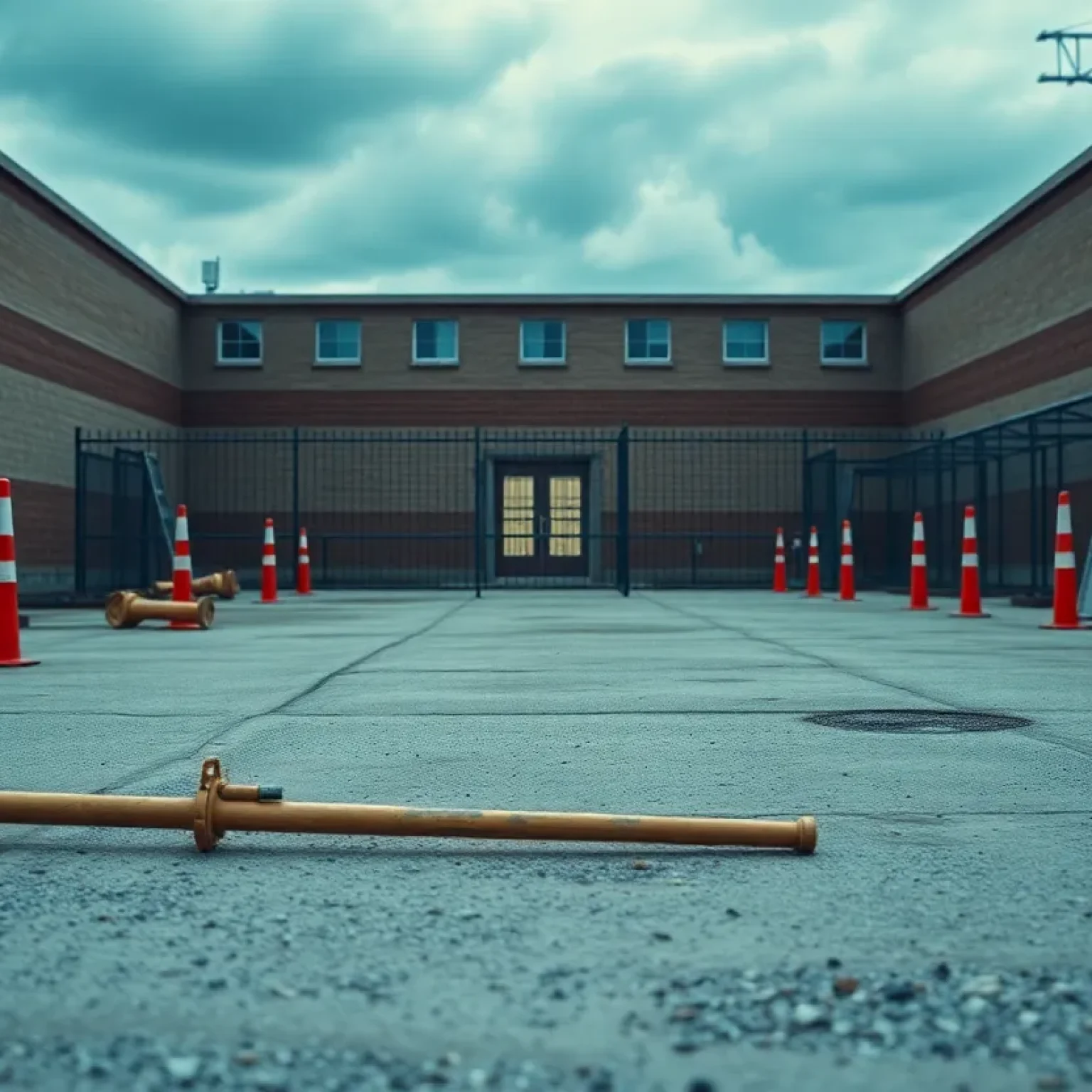 An empty worksite near a correctional facility highlighting the escape of an inmate.