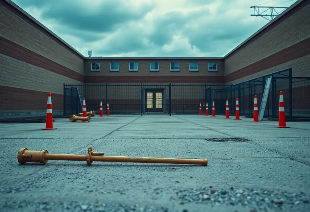 An empty worksite near a correctional facility highlighting the escape of an inmate.