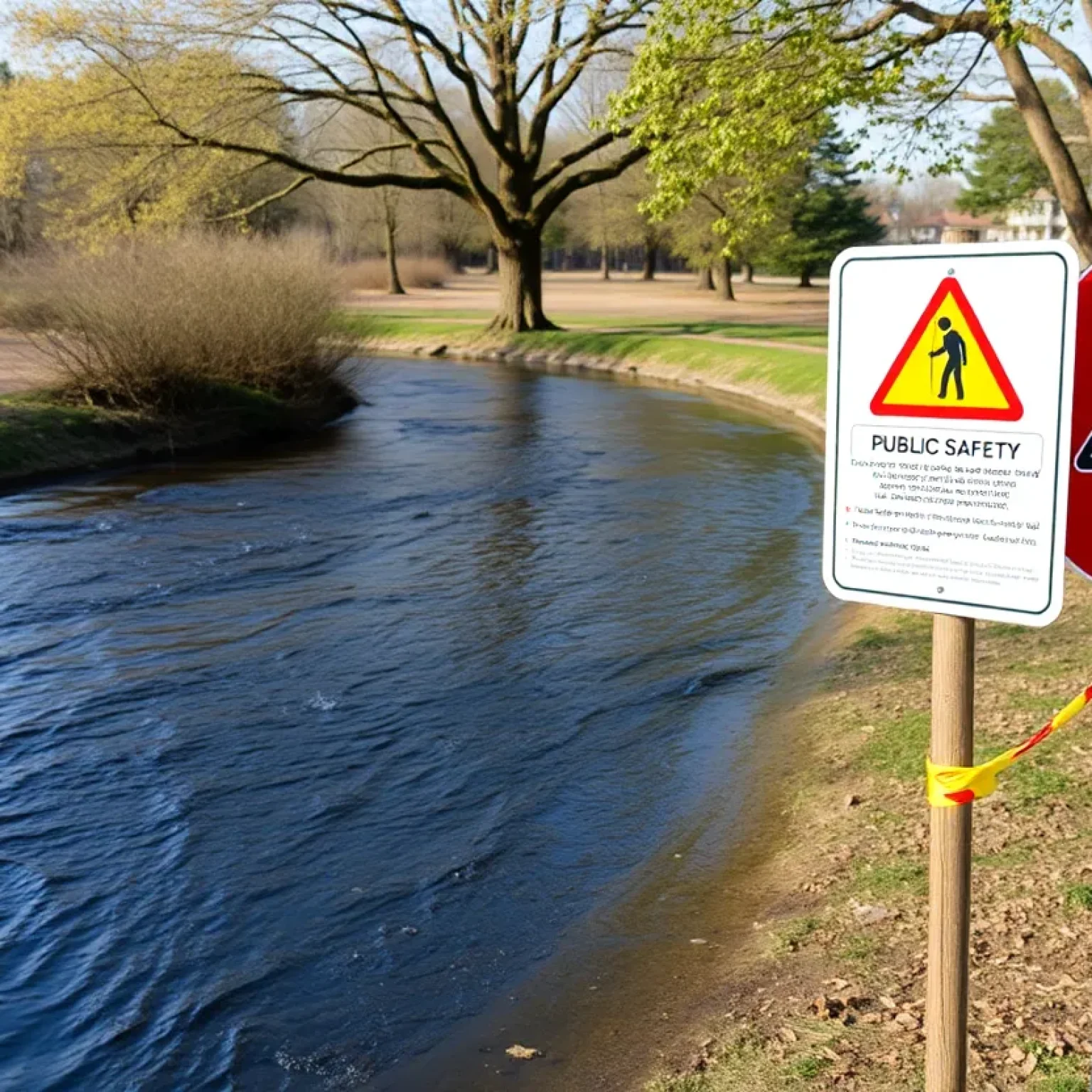 Caution tape near Jeffries Creek with advisory signs.