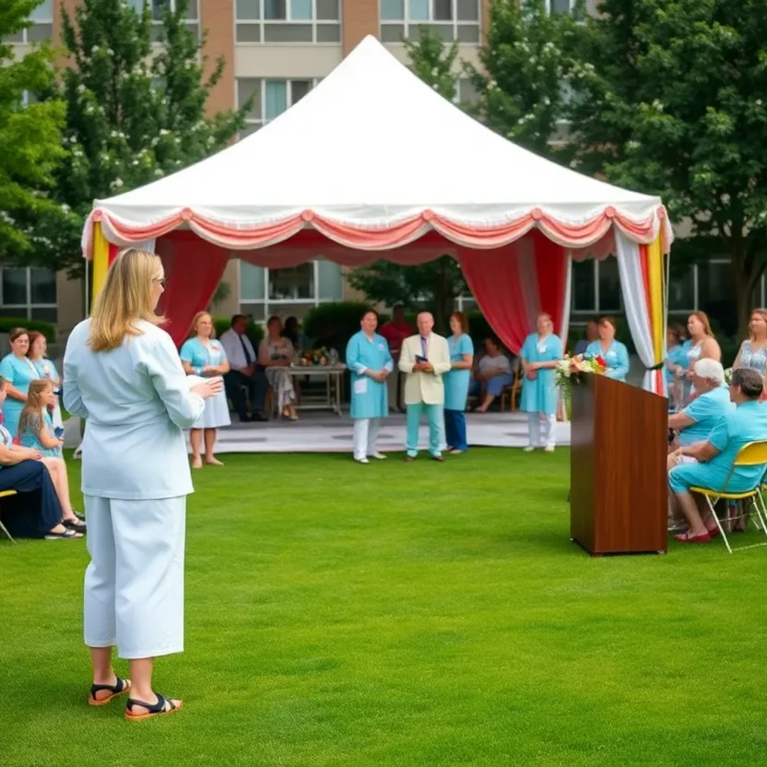 Audience at McLeod Health nursing awards ceremony with a tent setup.