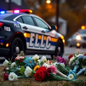Memorial flowers and a police car in memory of Deputy Ansay.