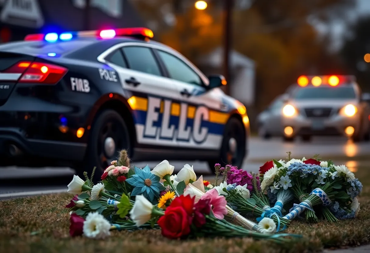 Memorial flowers and a police car in memory of Deputy Ansay.
