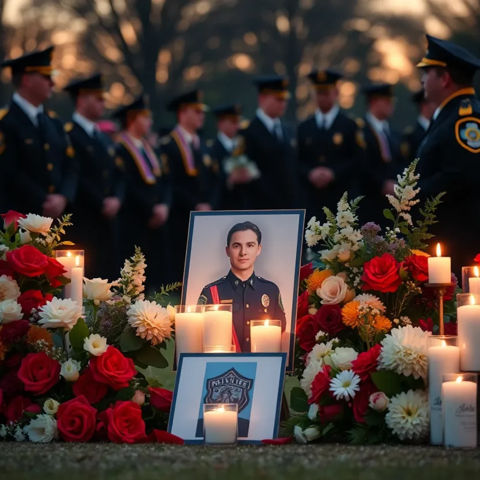Memorial setup for Deputy Henderson at a graduation ceremony site.