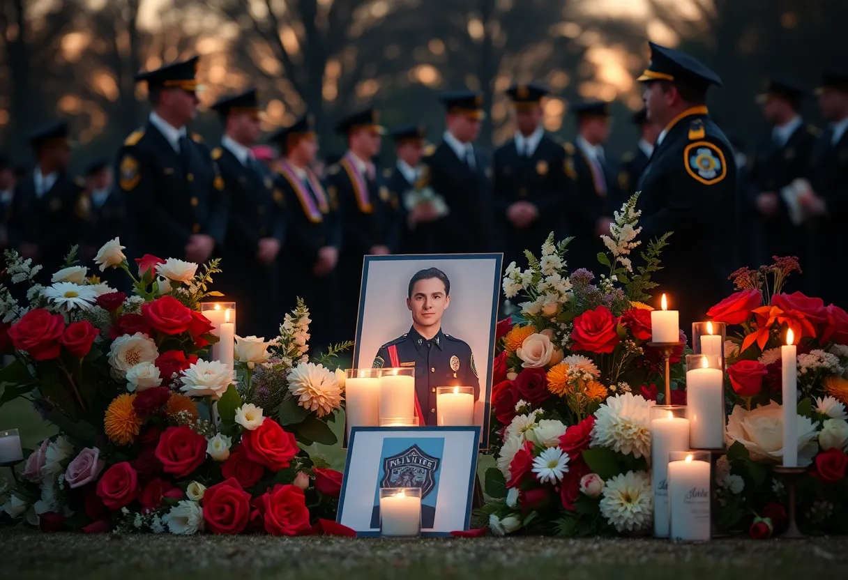 Memorial setup for Deputy Henderson at a graduation ceremony site.