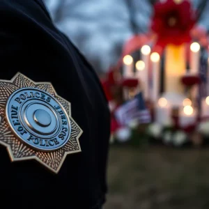 A police officer's badge next to a memorial candle.