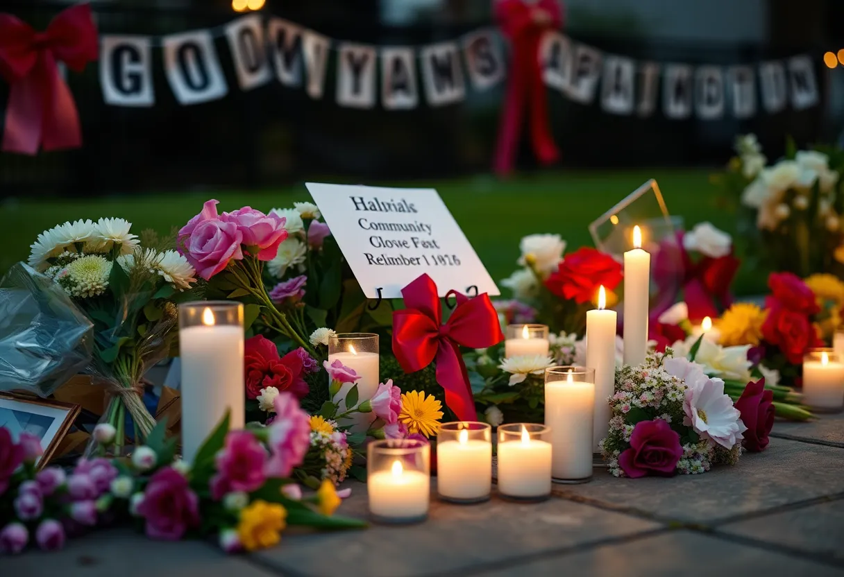 A memorial tribute setting for Richard D. Walden, featuring flowers and candles.