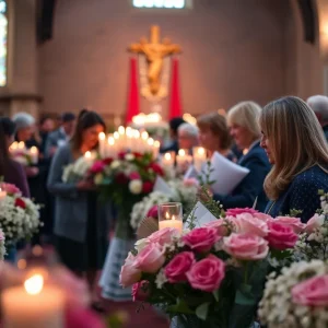 Memorial setup for Tommy Ike Douglas with flowers and candles.