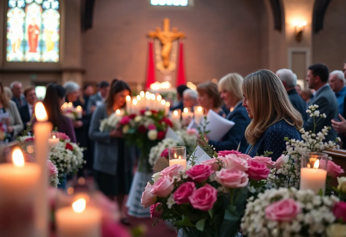 Memorial setup for Tommy Ike Douglas with flowers and candles.