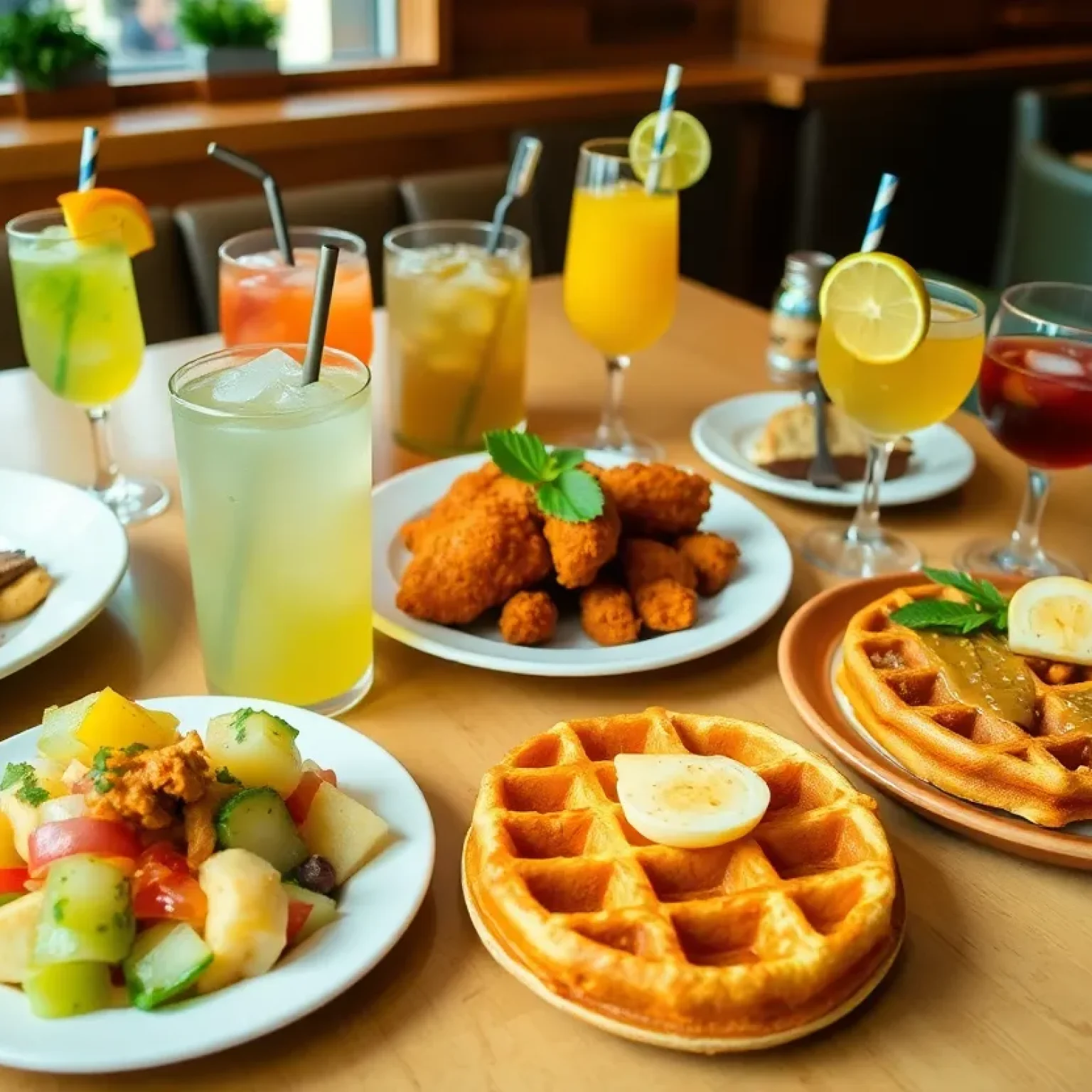 A beautifully arranged Mother's Day brunch table with southern-inspired dishes.