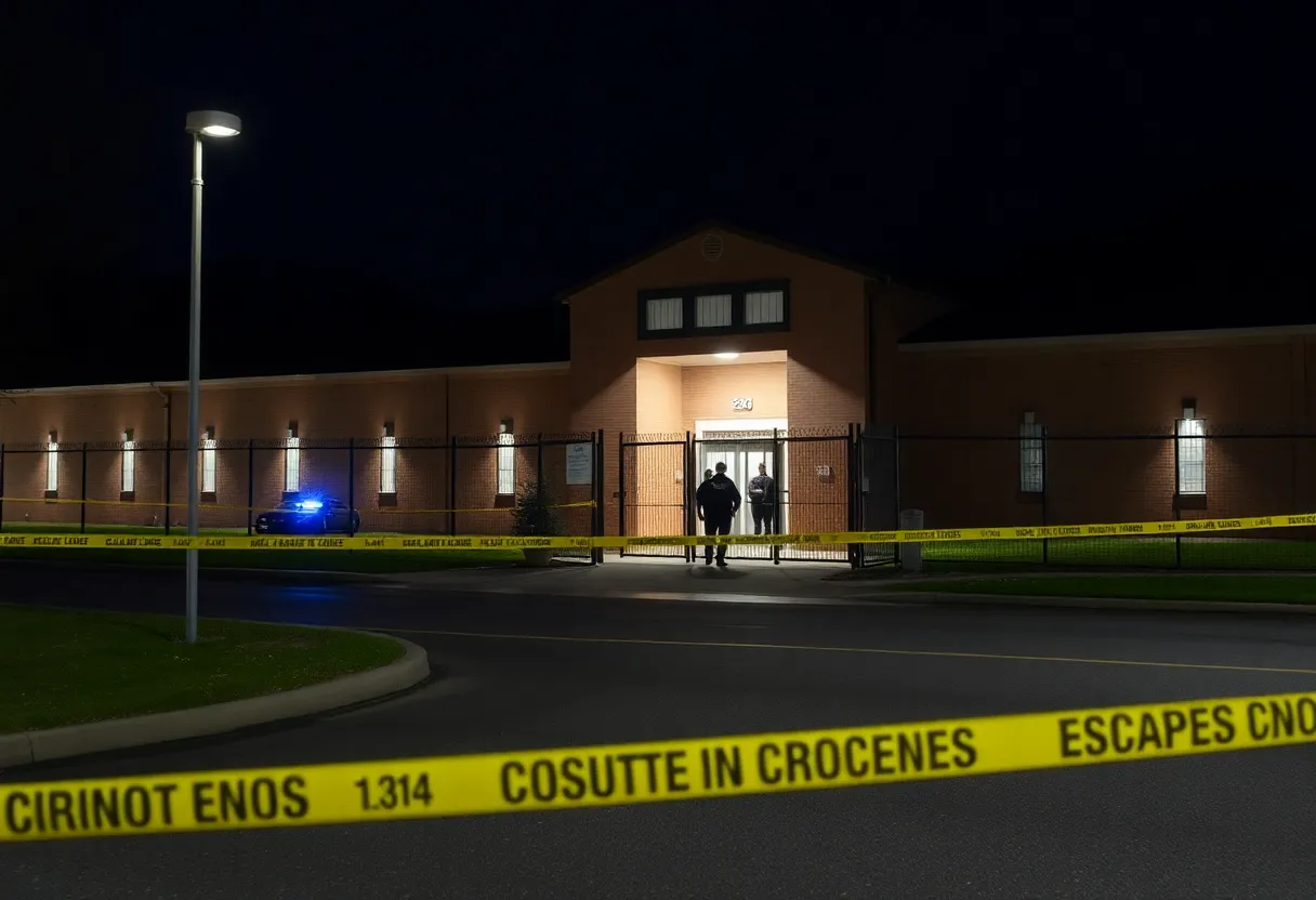 Exterior view of Orleans Parish Jail with police presence