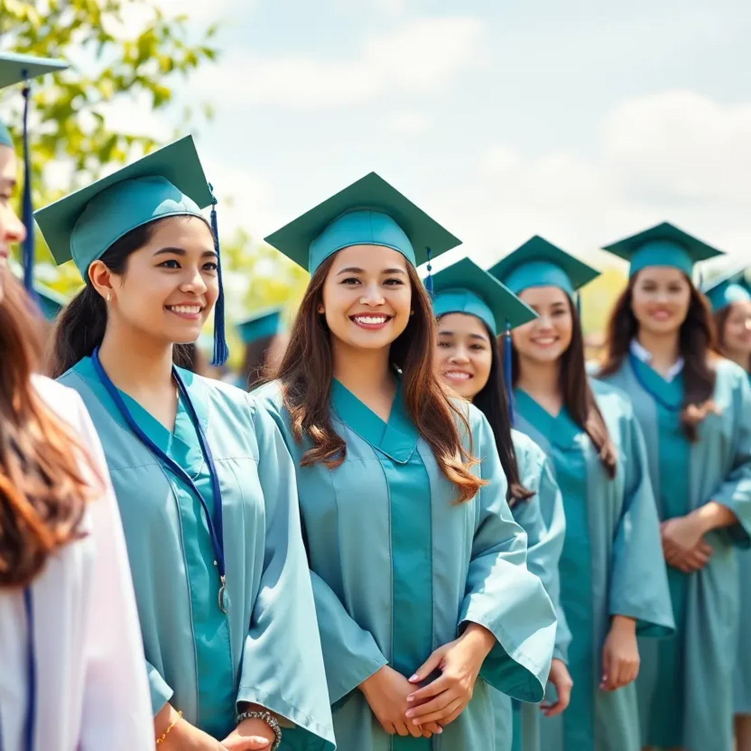 Graduation ceremony of nursing students outdoors under a blue sky
