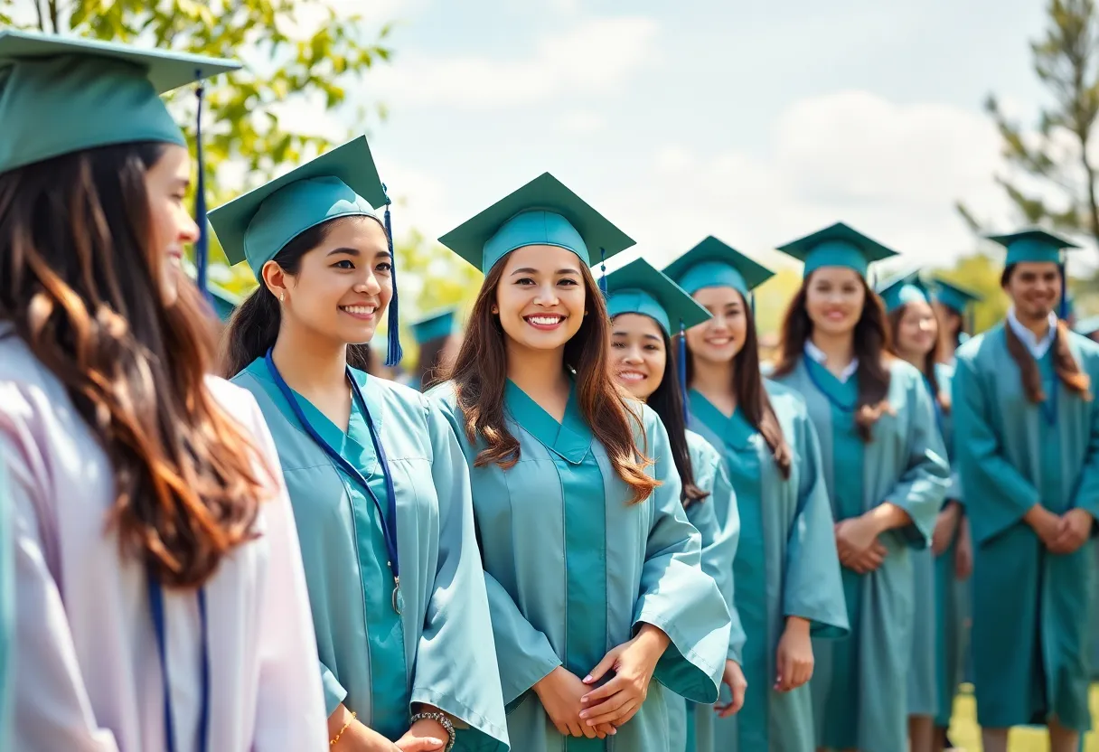 Graduation ceremony of nursing students outdoors under a blue sky