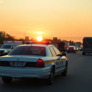 Police cruiser on highway surrounded by emergency vehicles