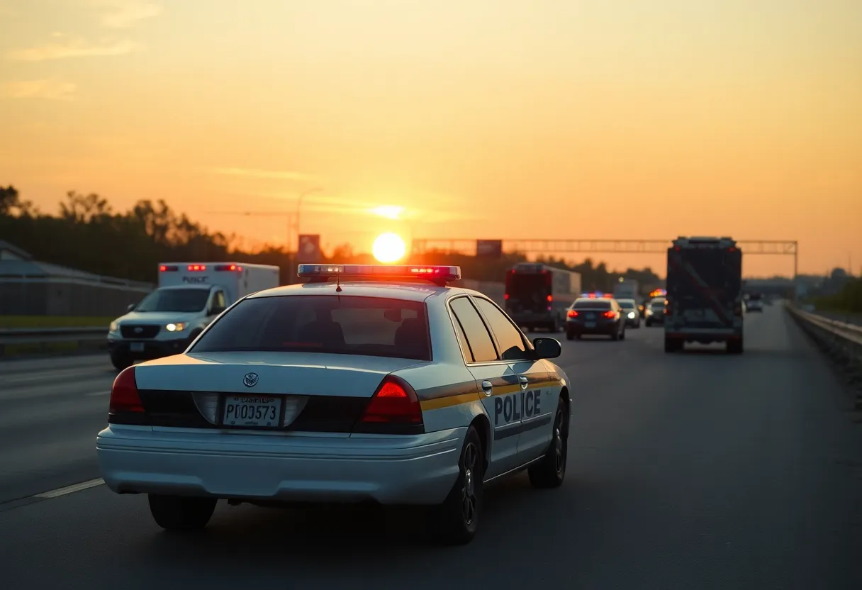 Police cruiser on highway surrounded by emergency vehicles