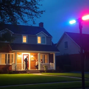 Police lights flashing outside a home related to a domestic violence case