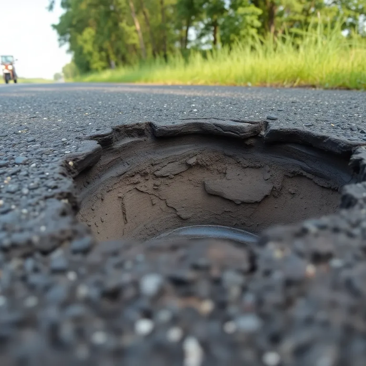 Deep pothole on Flowers Road with surrounding landscape