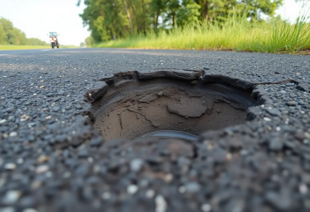 Deep pothole on Flowers Road with surrounding landscape