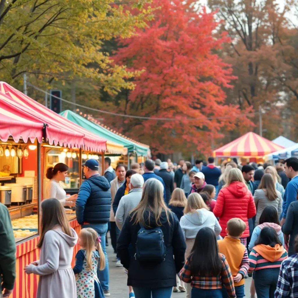 A vibrant scene from the SC Pecan Music and Food Festival showcasing food stalls and live music.