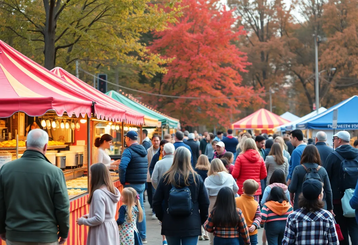 A vibrant scene from the SC Pecan Music and Food Festival showcasing food stalls and live music.