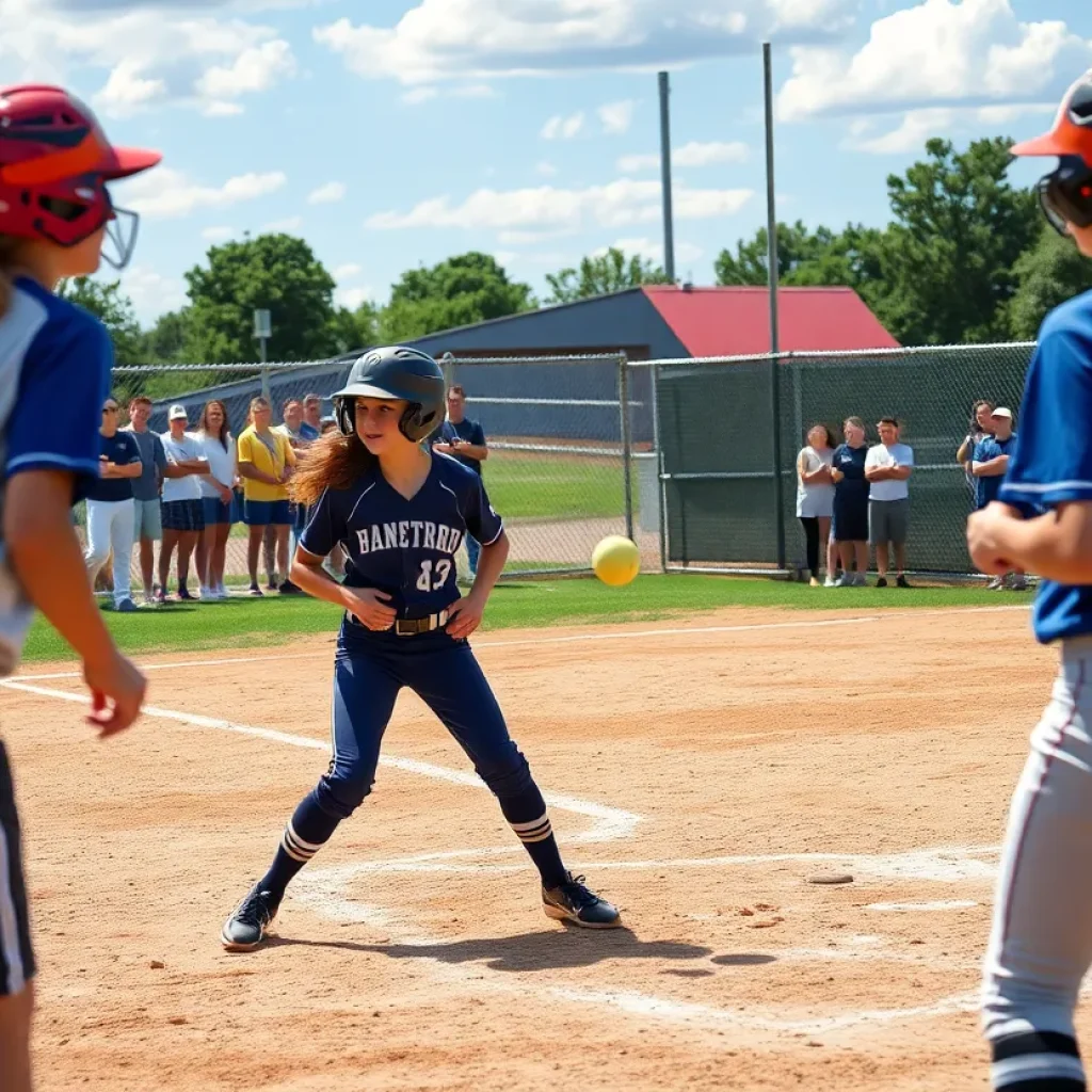 Players participating in a high school softball game