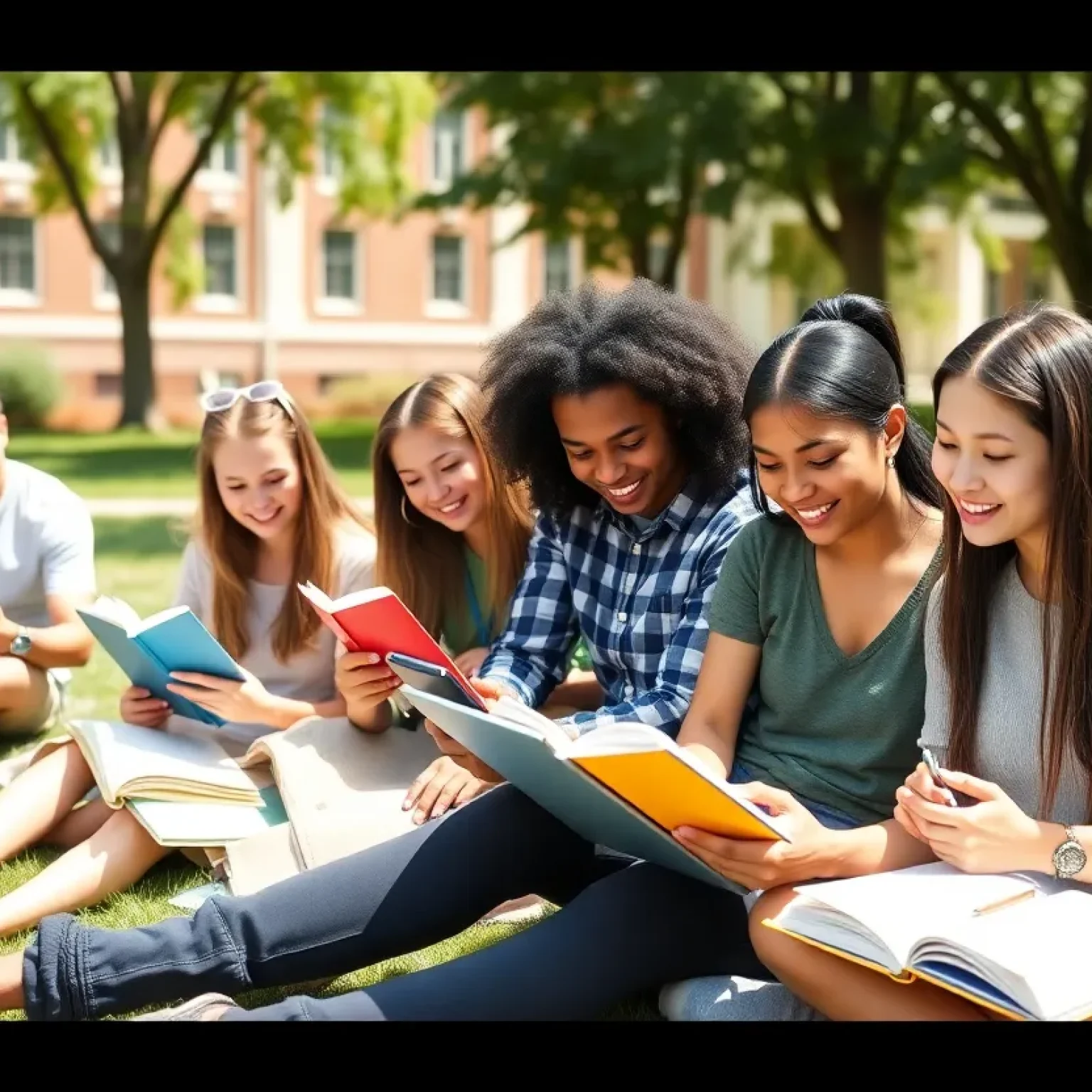 College students studying outdoors during summer