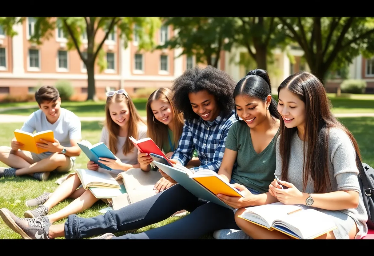 College students studying outdoors during summer