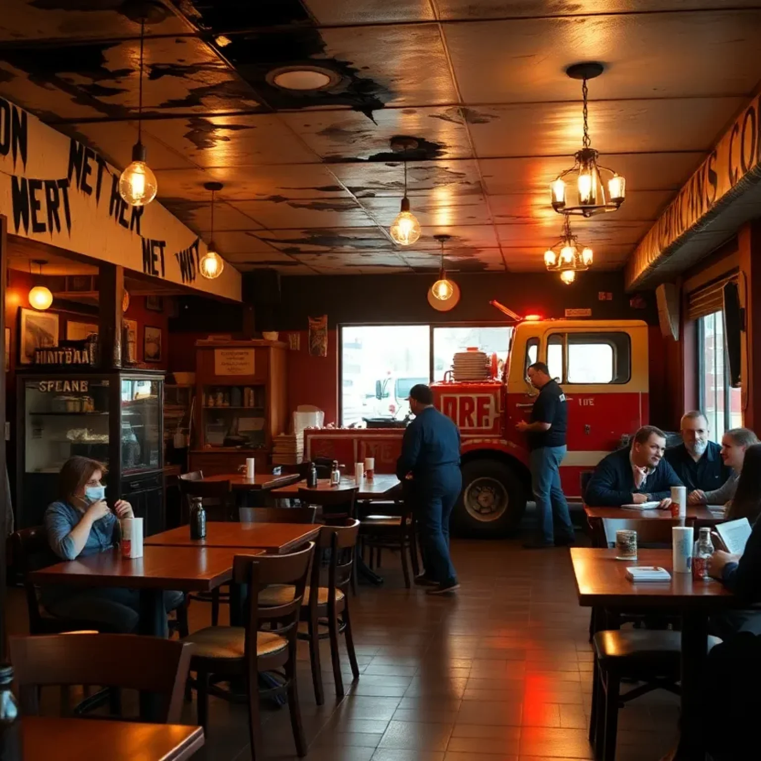 Interior of Sundae House affected by fire with fire equipment outside
