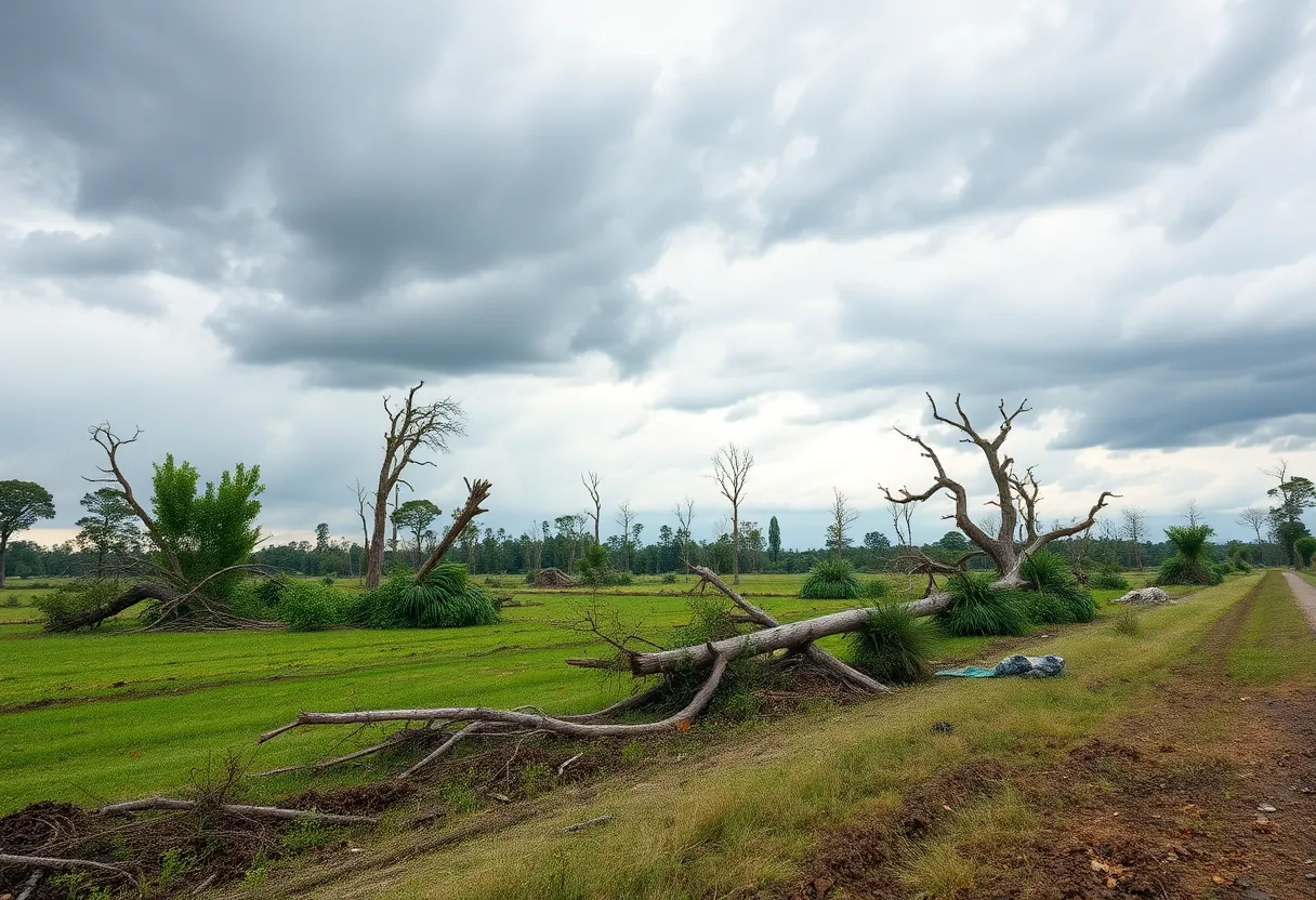 Image showing storm damage in a rural area after severe thunderstorms in Dillon County.