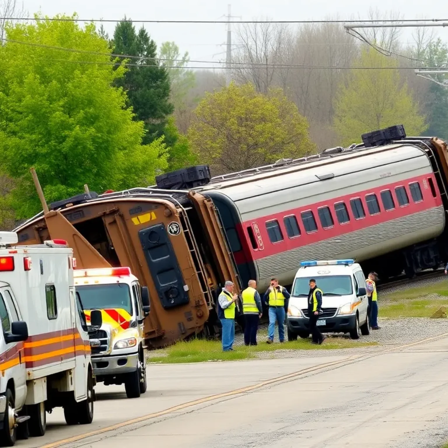 Scene of a train derailment with emergency responders on site