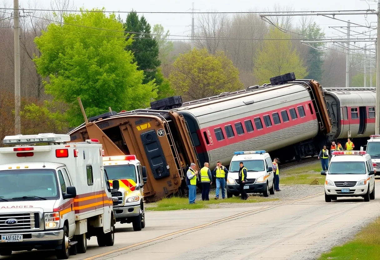 Scene of a train derailment with emergency responders on site