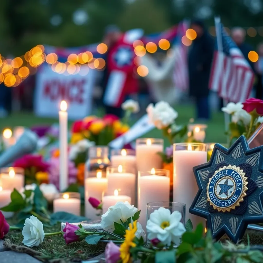 Community memorial for retired Sergeant Jason Plowden with flowers and candles.
