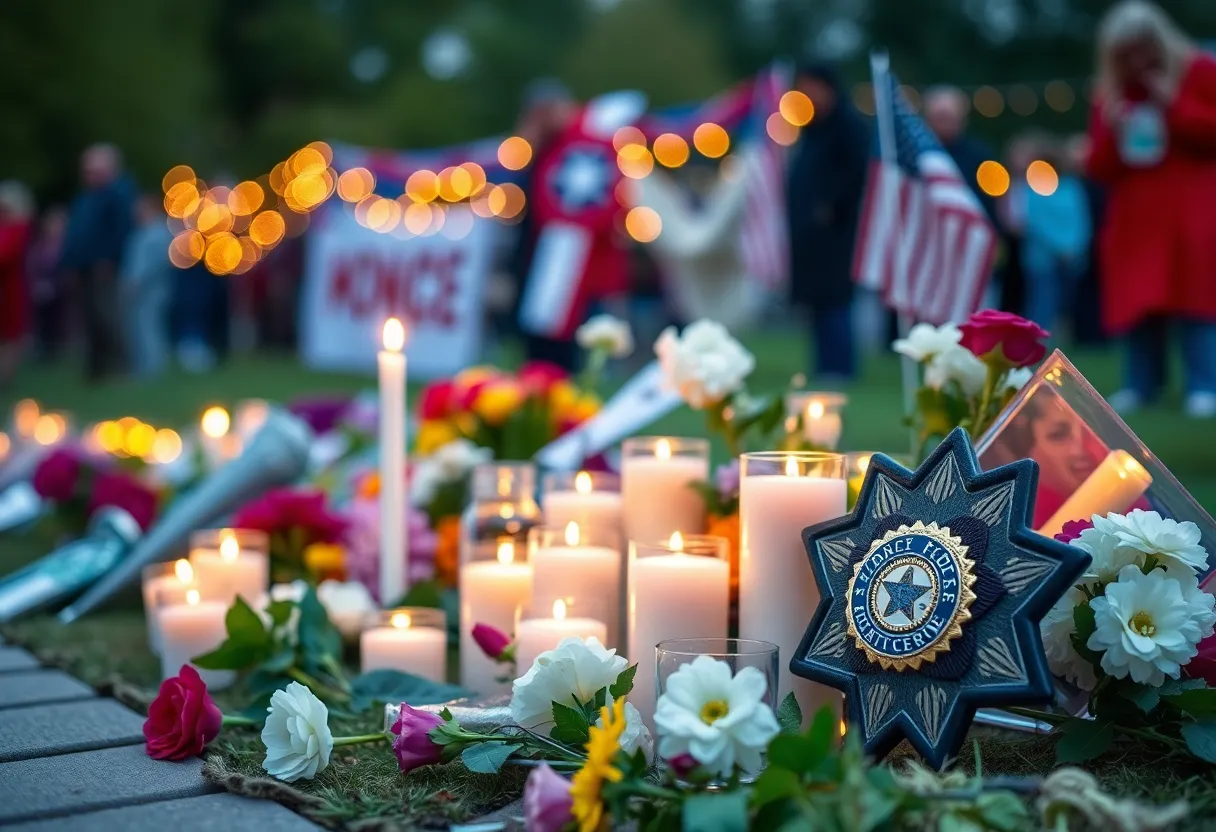 Community memorial for retired Sergeant Jason Plowden with flowers and candles.