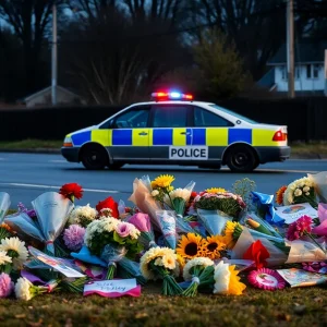 Police vehicle at an accident site with flowers and tributes