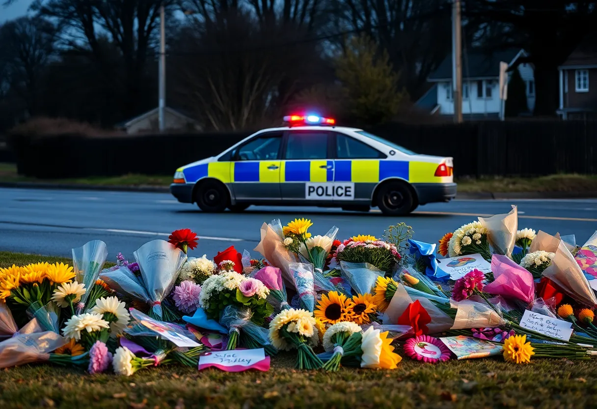 Police vehicle at an accident site with flowers and tributes