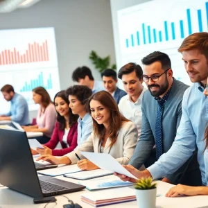 Diverse professionals collaborating in an office reflecting job market resilience.