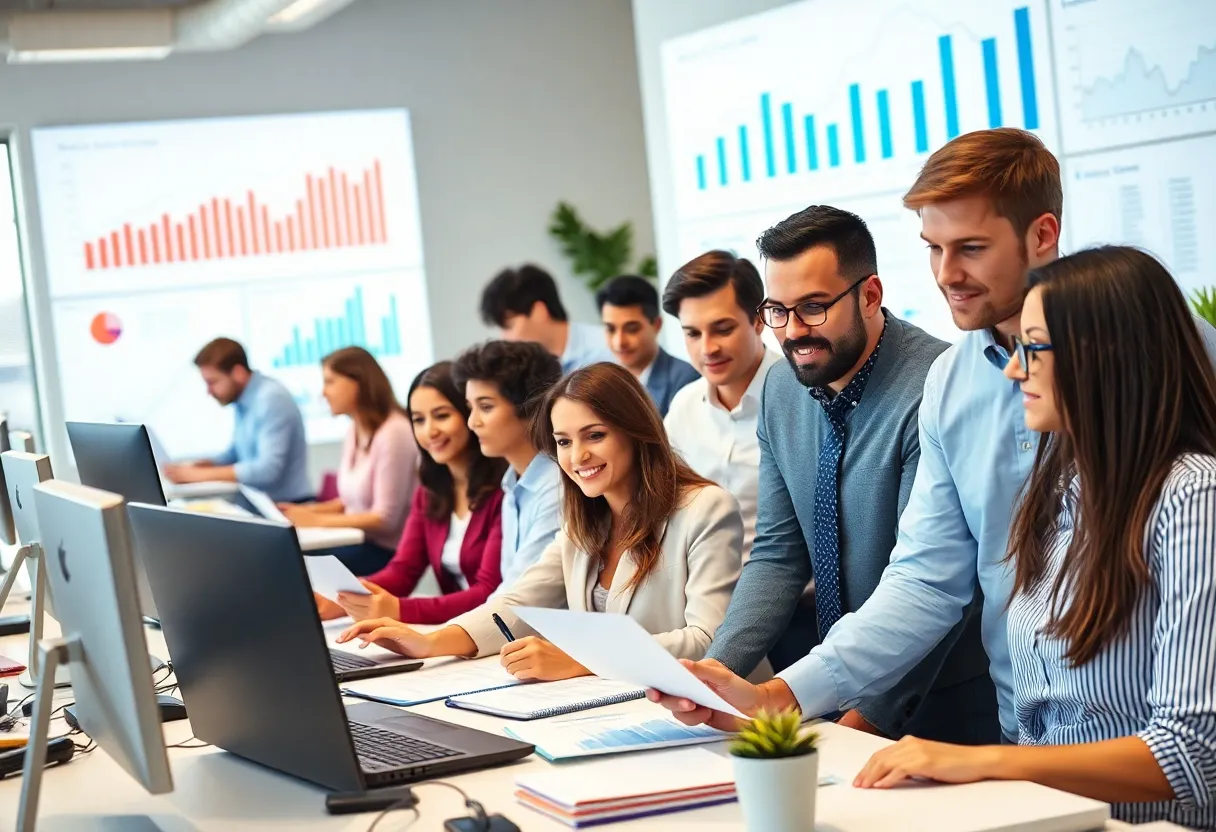 Diverse professionals collaborating in an office reflecting job market resilience.