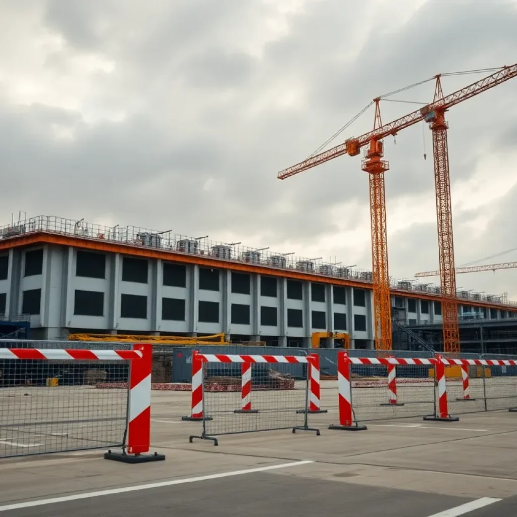 Construction site halted with cranes and barriers