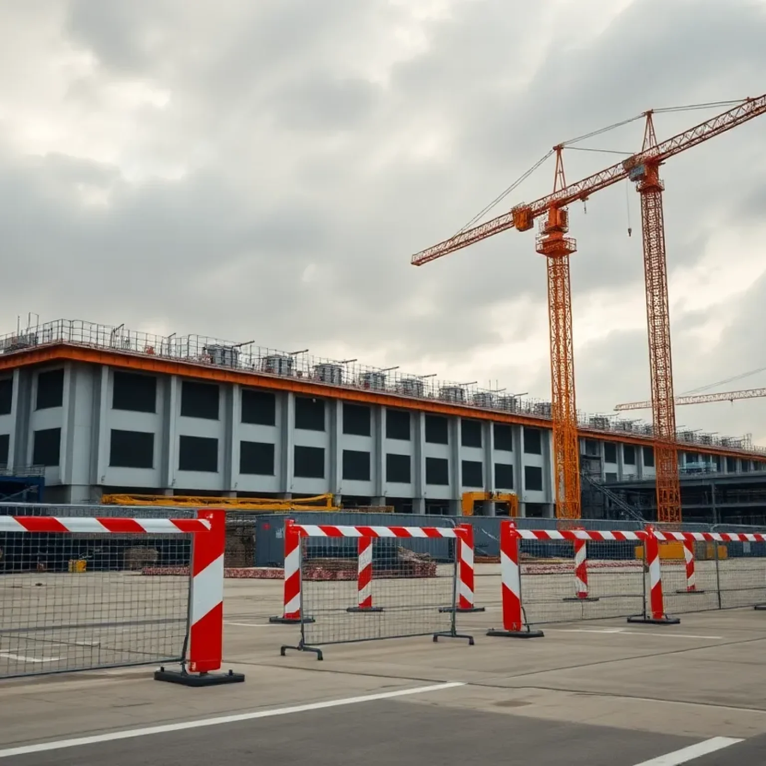 Construction site halted with cranes and barriers