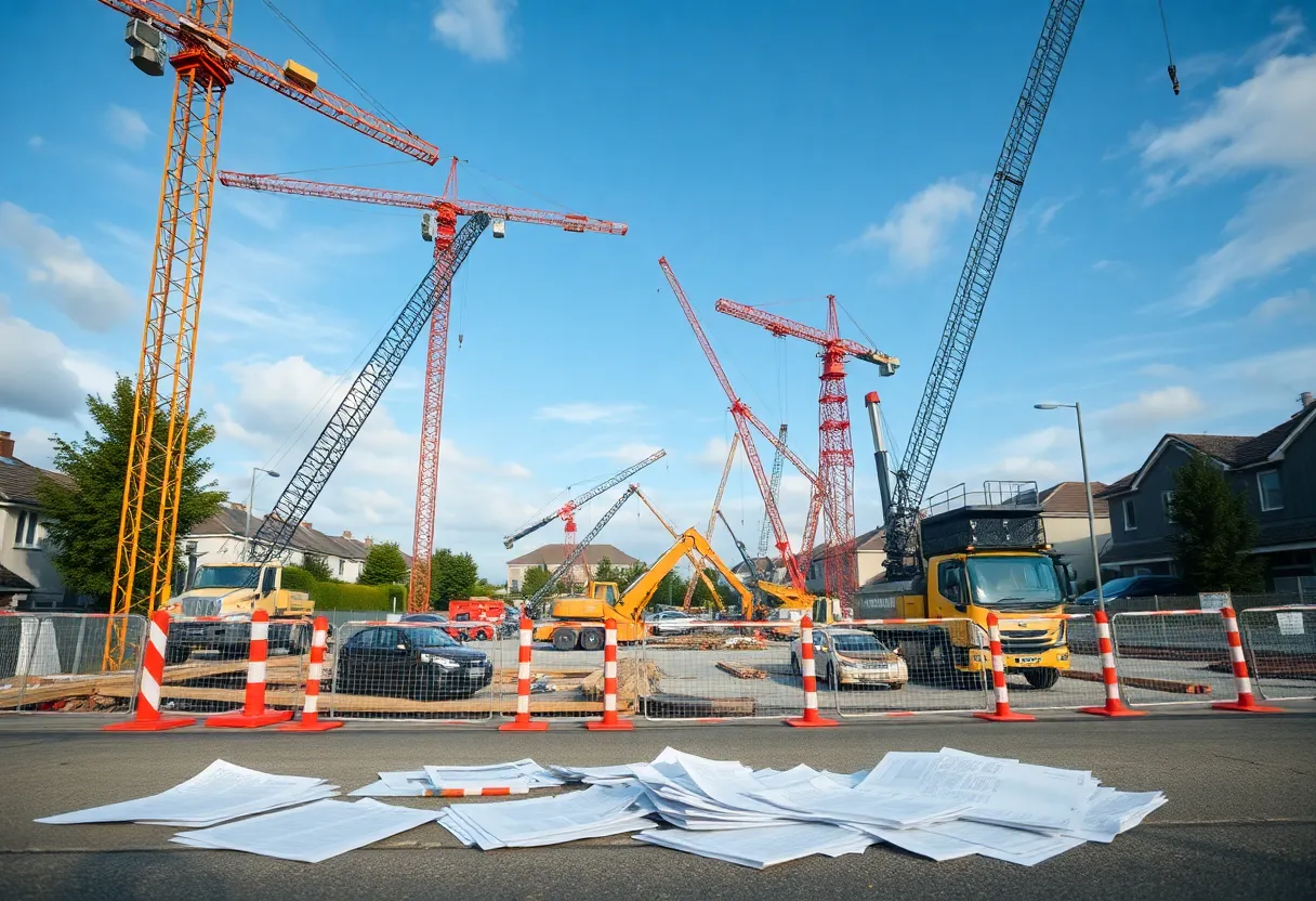 Construction site of AESC battery factory paused with cranes and machinery.