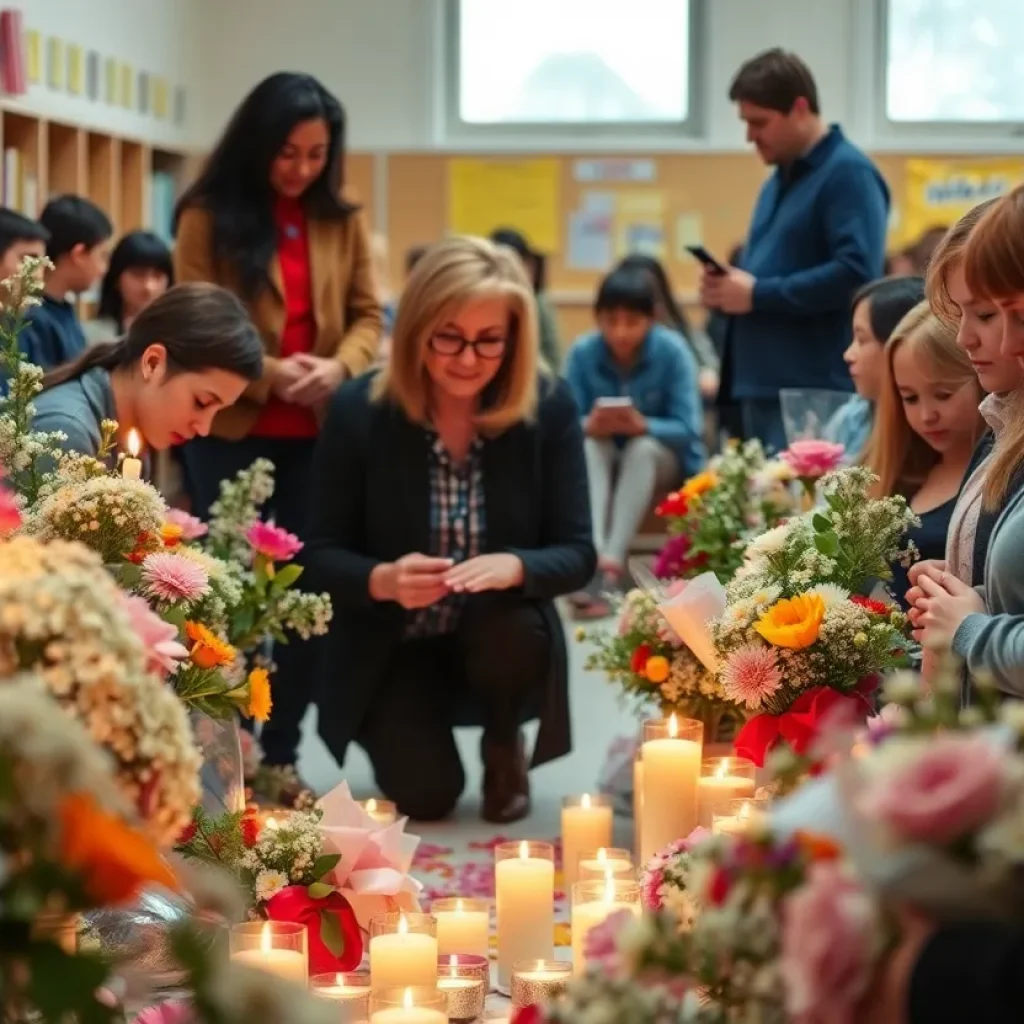 Community memorial for a beloved teacher with flowers and candles.