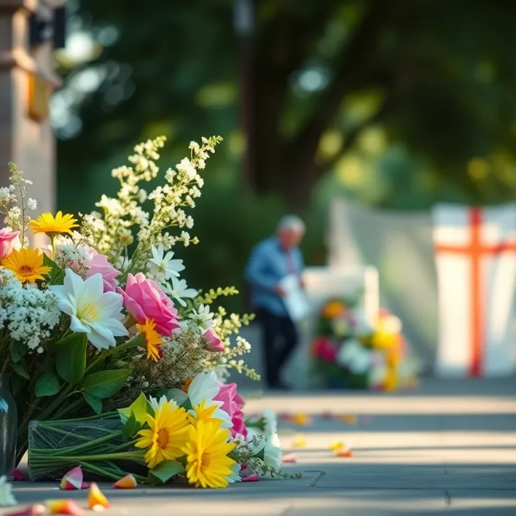 Flowers symbolizing remembrance and loss in a serene setting.