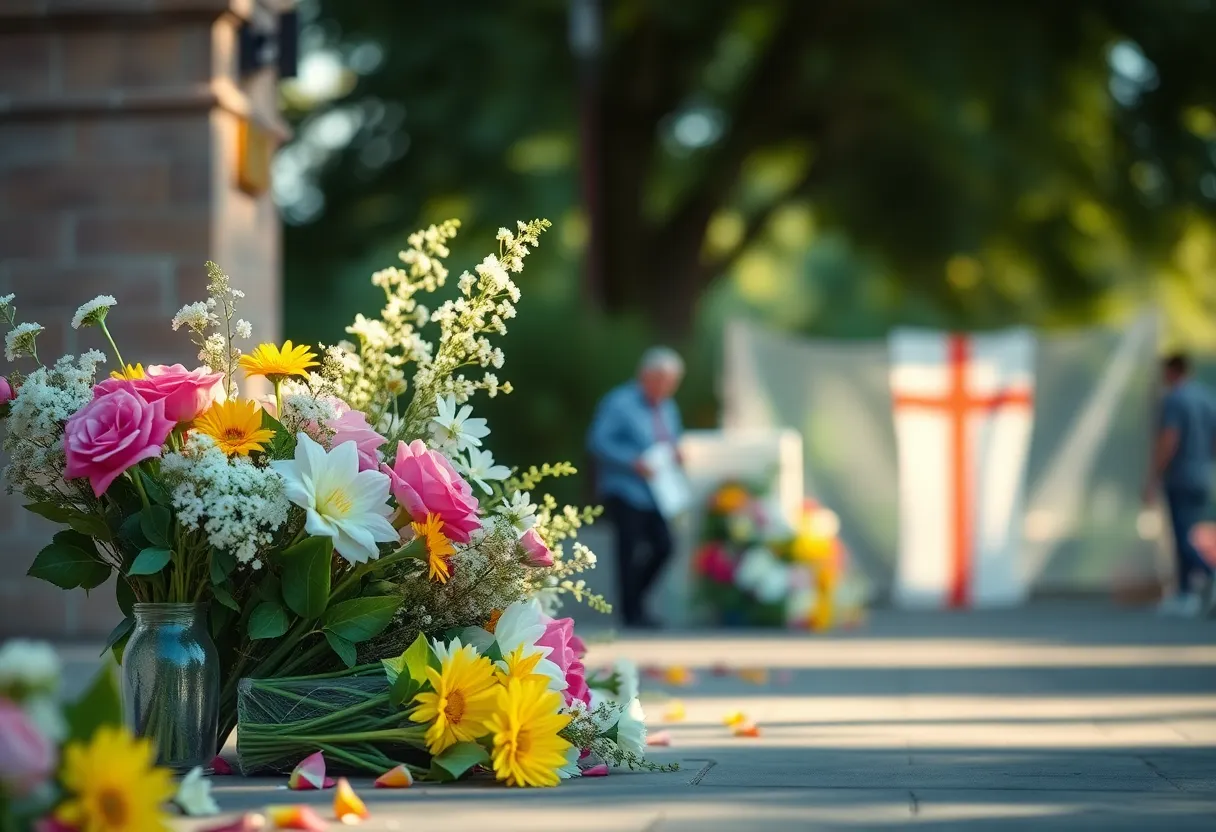 Flowers symbolizing remembrance and loss in a serene setting.