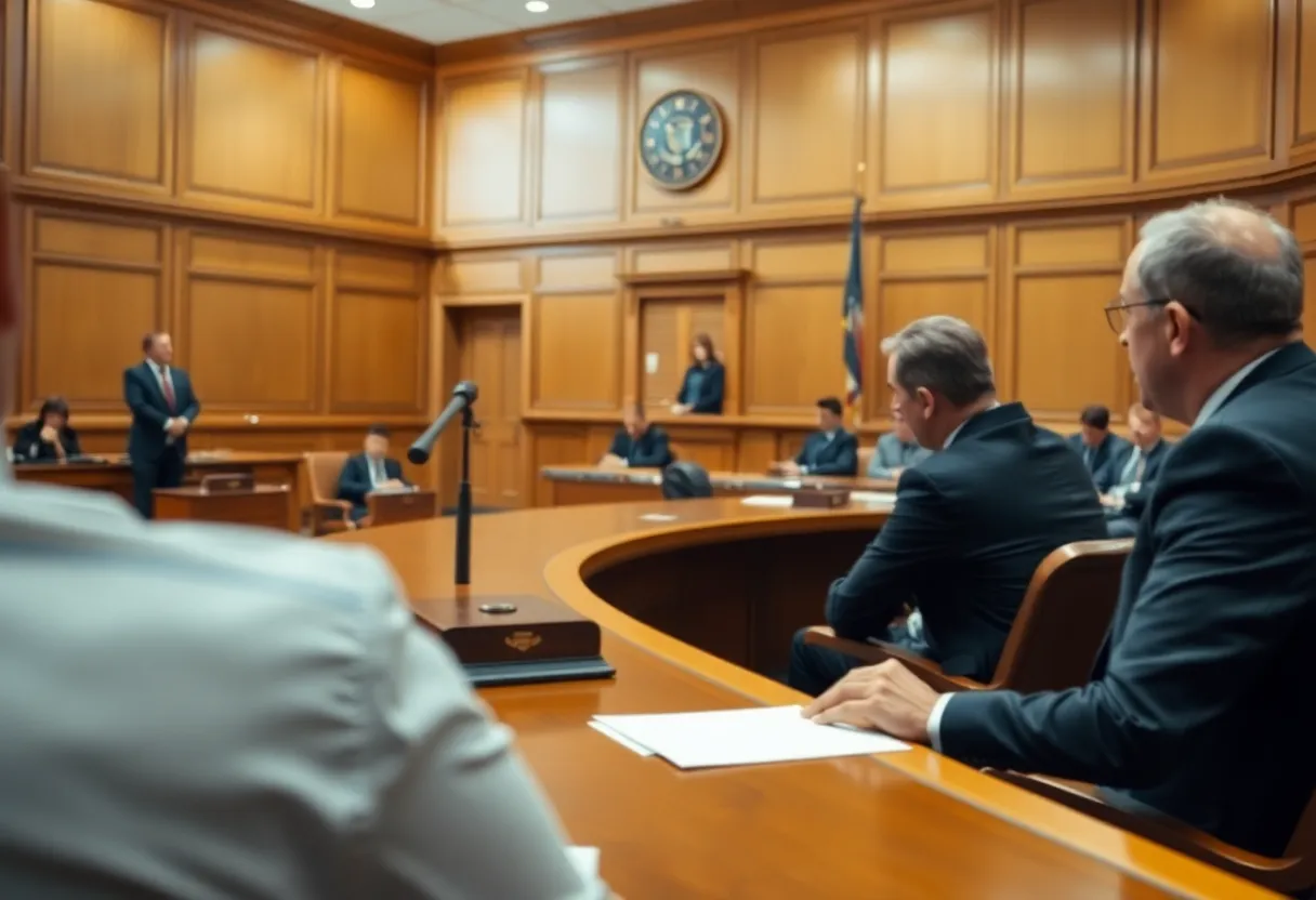 Courtroom scene related to insurance fraud case
