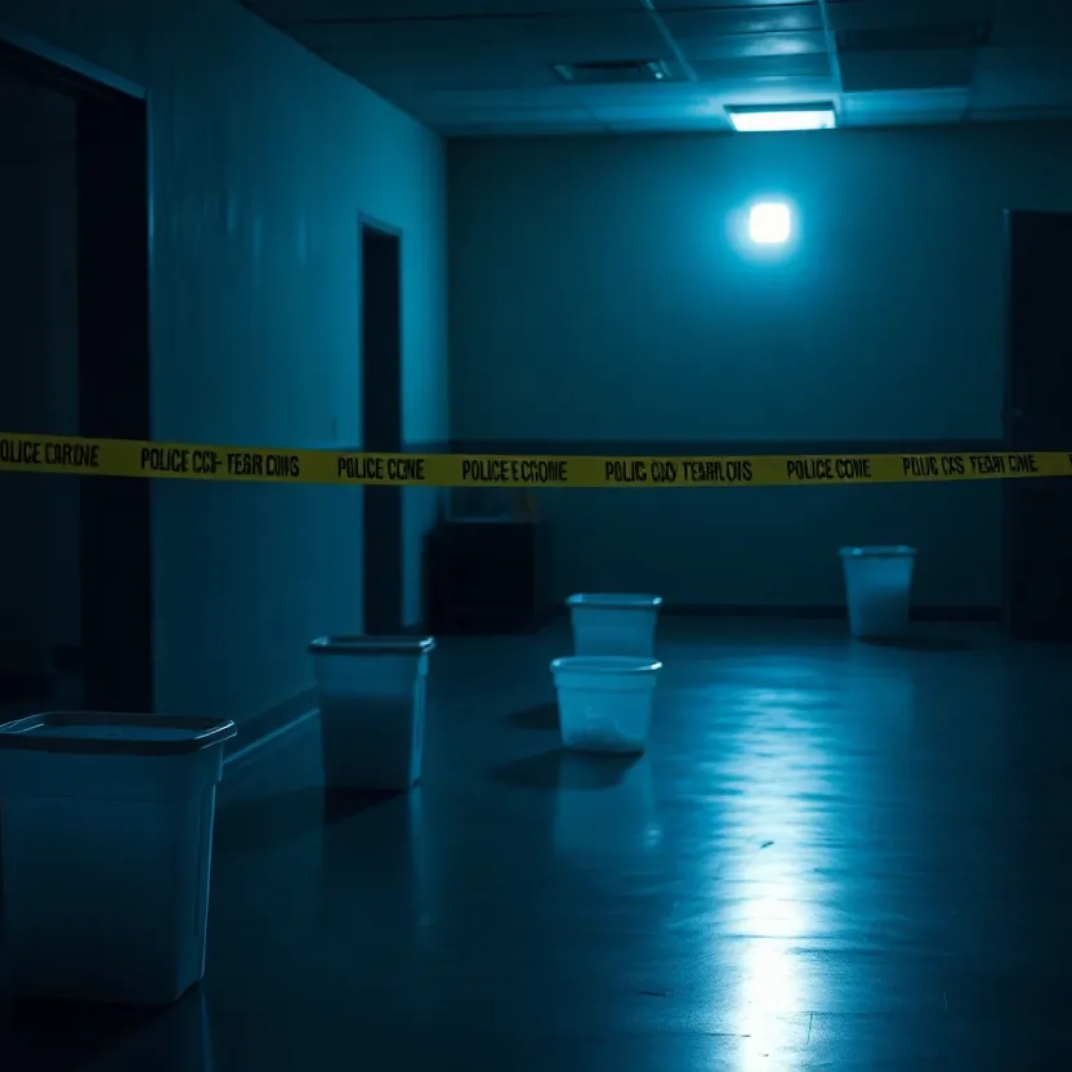 Dimly lit room with plastic containers and police tape
