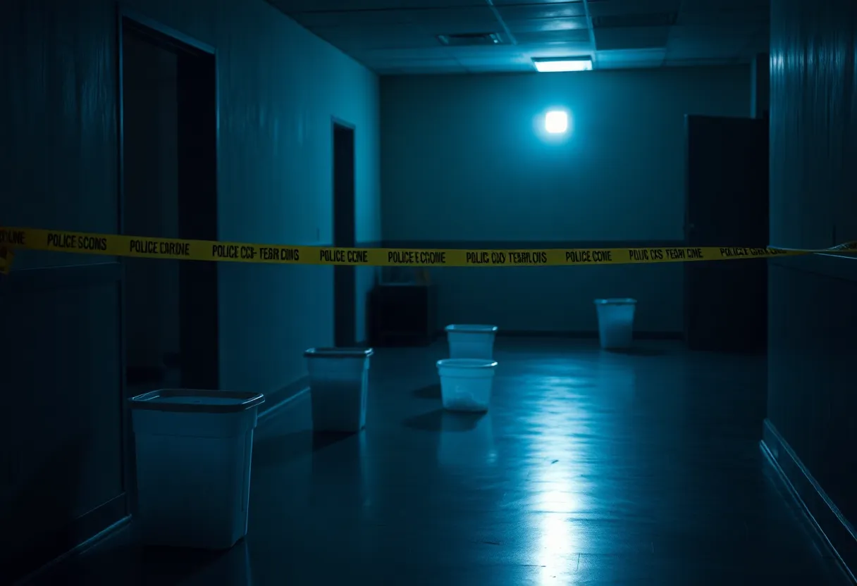 Dimly lit room with plastic containers and police tape