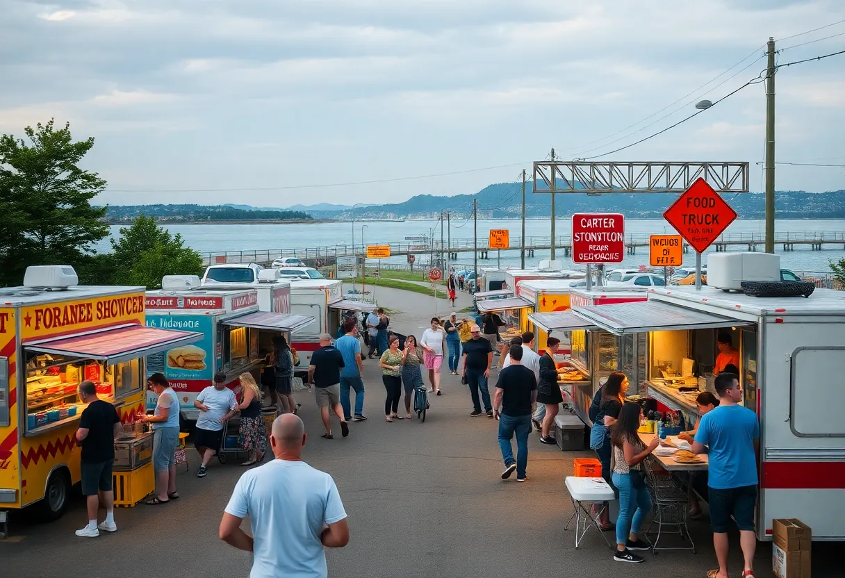 Food trucks at Eats On the Creek with road construction nearby
