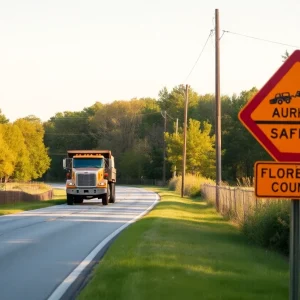 Scene of a rural road with a dump truck and trees in Florence County