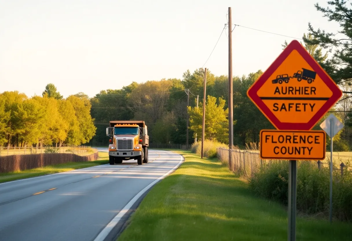 Scene of a rural road with a dump truck and trees in Florence County