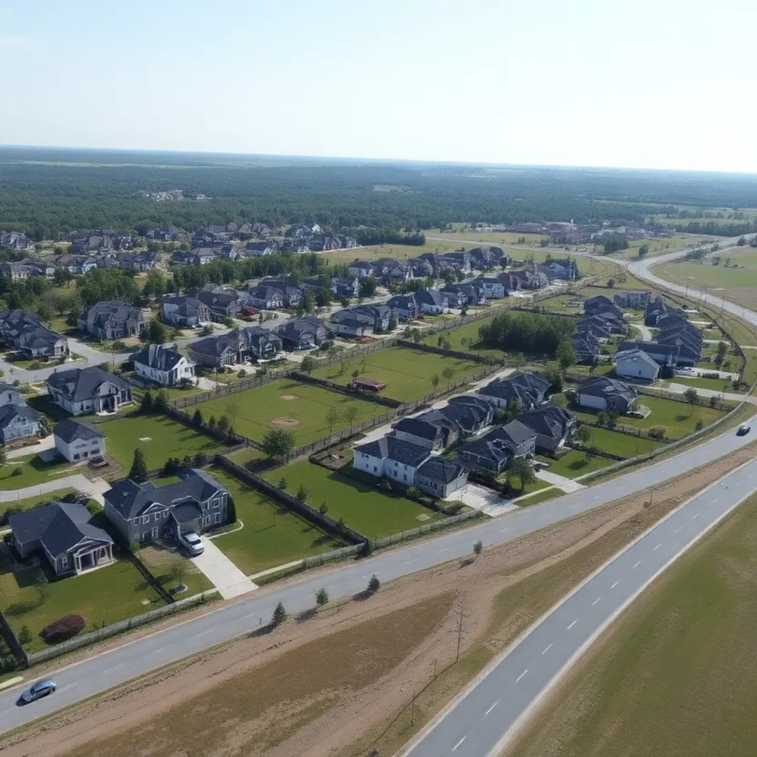Aerial view of new residential construction in Florence County with multiple homes and green areas.