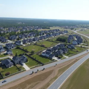 Aerial view of new residential construction in Florence County with multiple homes and green areas.